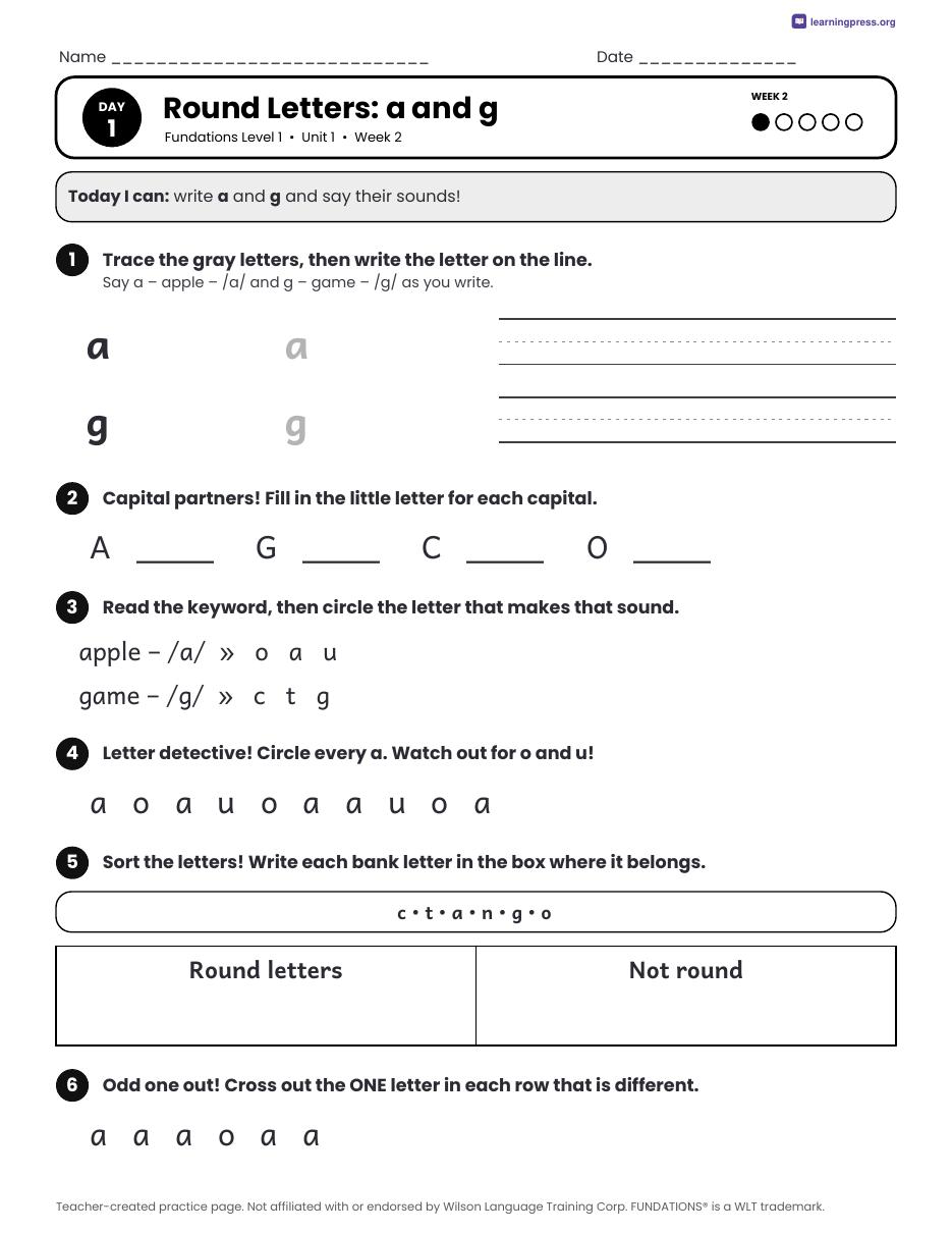 Preview page 2 of Fundations Level 1 Unit 1 Daily Lesson Work Pages