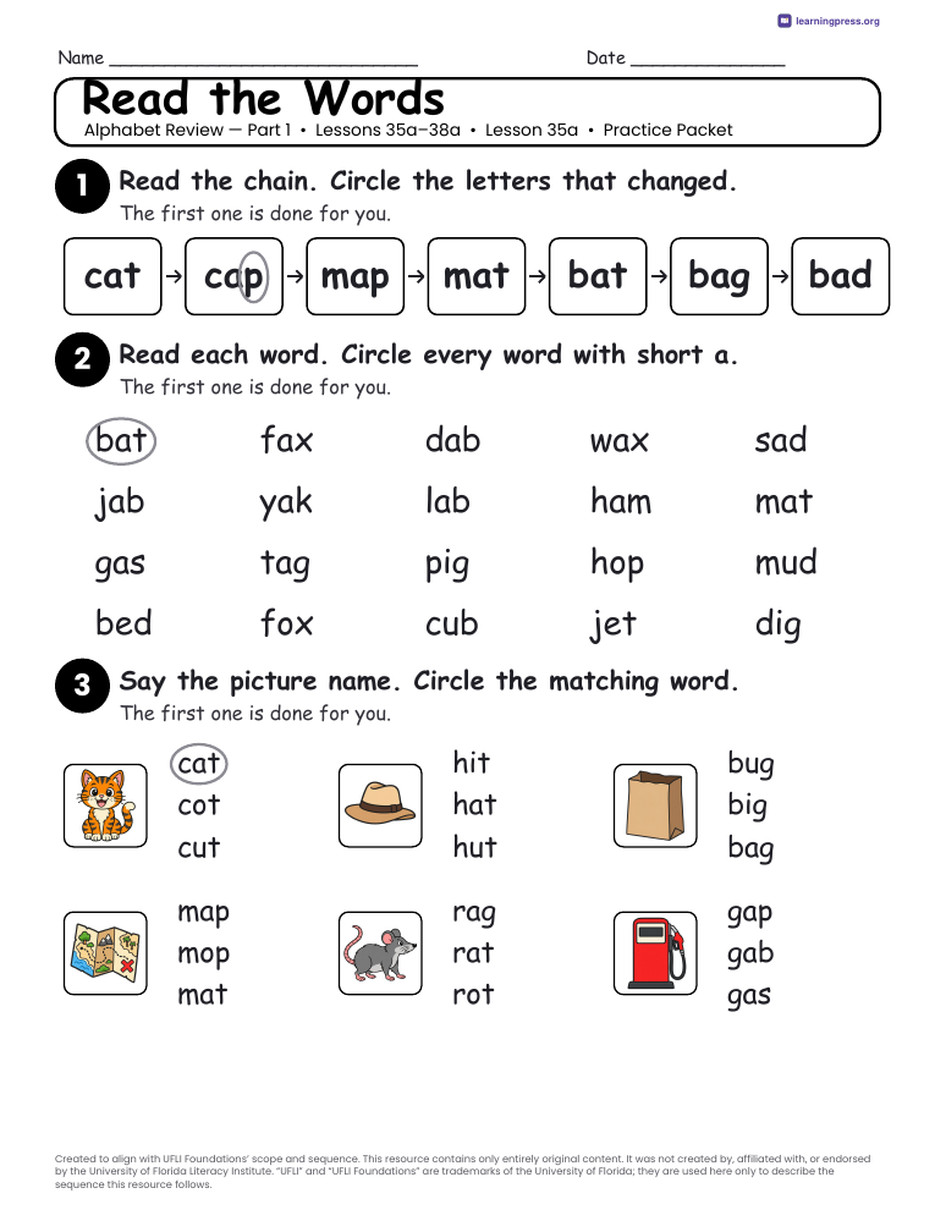 Preview page 2 of UFLI Aligned Kindergarten Worksheets · Lessons 35a – 38a · Alphabet Review 1
