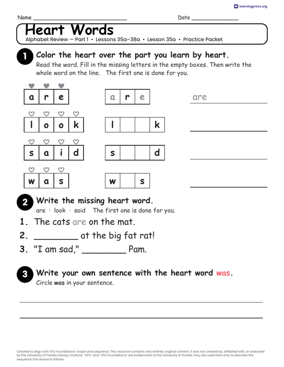 Preview page 3 of UFLI Aligned Kindergarten Worksheets · Lessons 35a – 38a · Alphabet Review 1