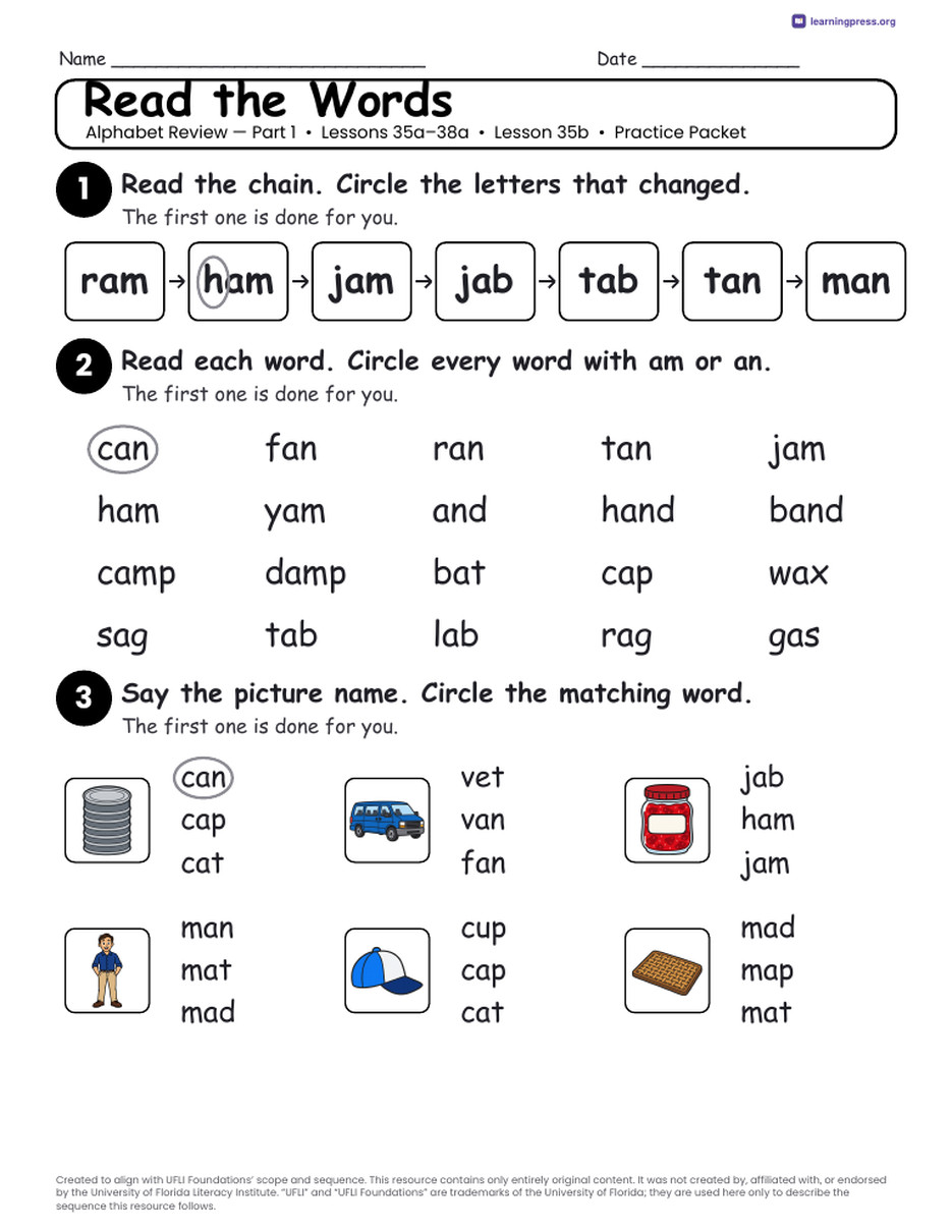 Preview page 4 of UFLI Aligned Kindergarten Worksheets · Lessons 35a – 38a · Alphabet Review 1