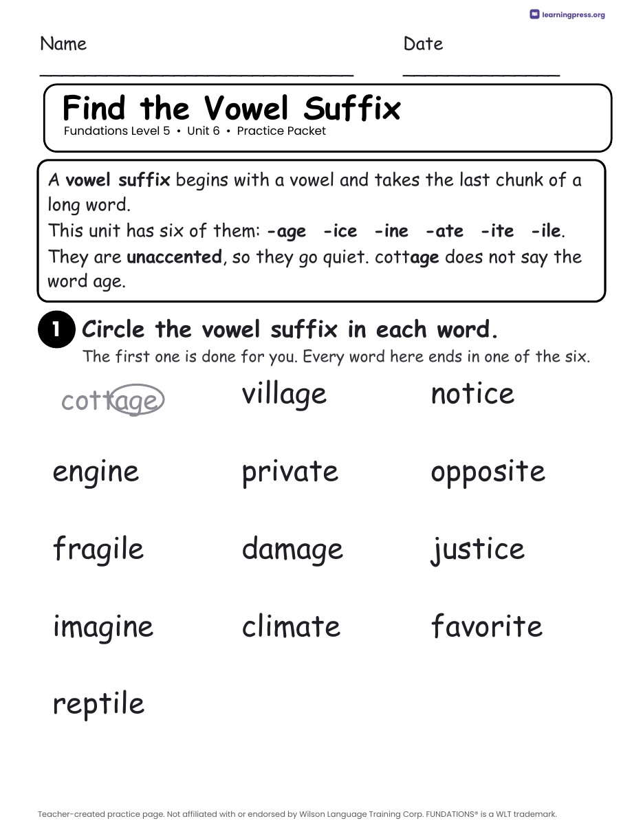 Preview page 1 of Fundations Level 5 Unit 6 Worksheets