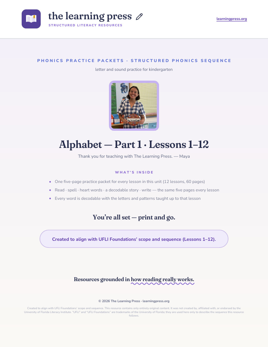 Preview page 1 of UFLI Aligned Kindergarten Worksheets · Lessons 1 – 12 · Alphabet Part 1 Bundle