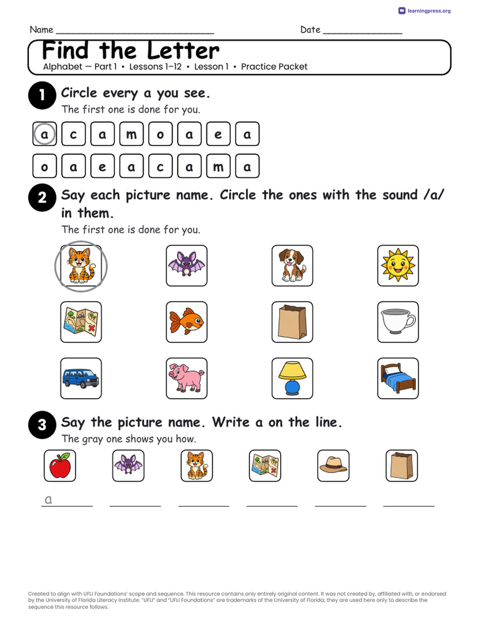 Preview page 2 of UFLI Aligned Kindergarten Worksheets · Lessons 1 – 12 · Alphabet Part 1 Bundle