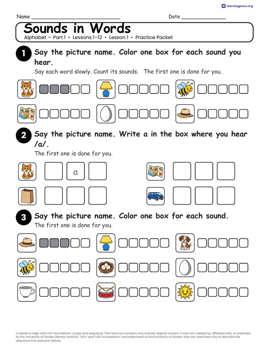Preview page 3 of UFLI Aligned Kindergarten Worksheets · Lessons 1 – 12 · Alphabet Part 1 Bundle