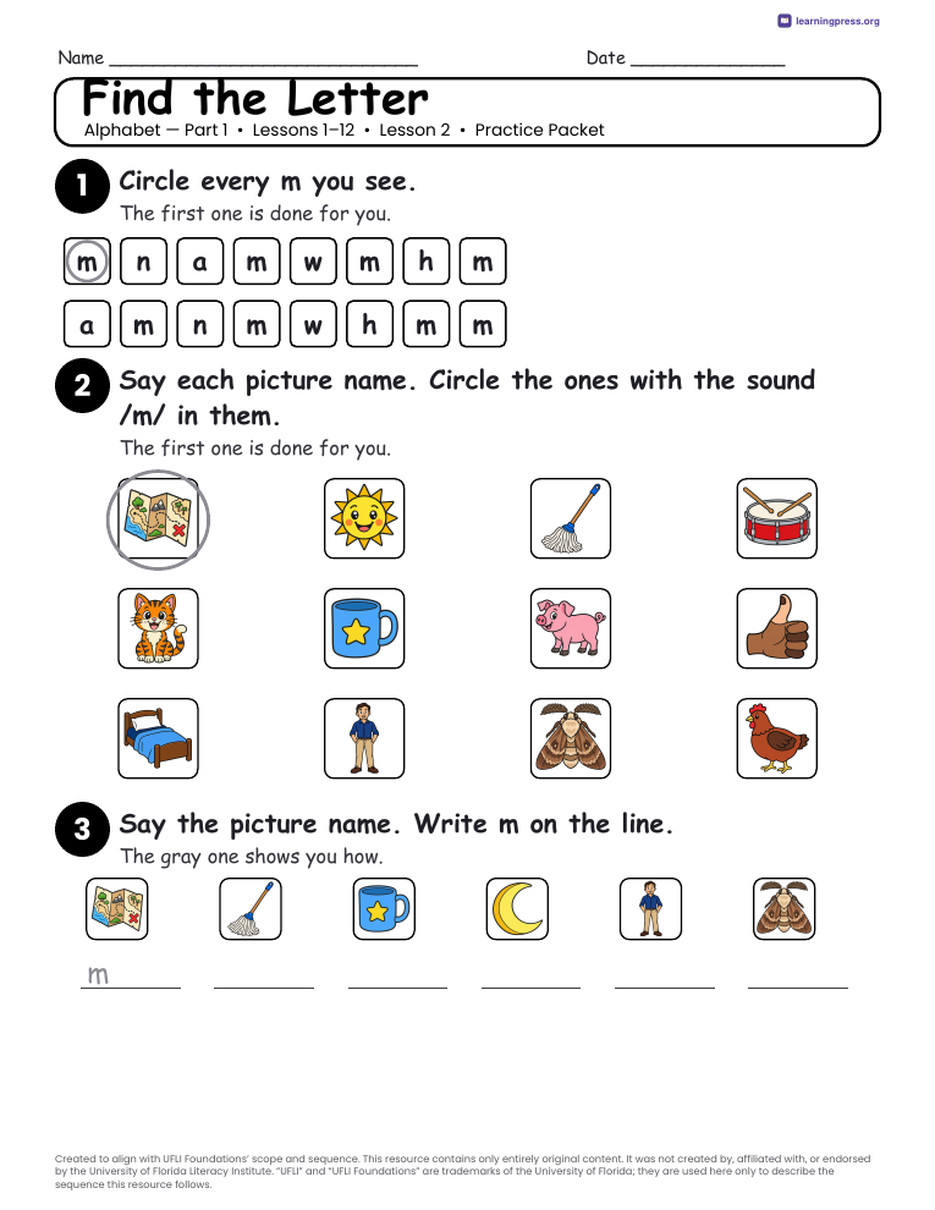 Preview page 4 of UFLI Aligned Kindergarten Worksheets · Lessons 1 – 12 · Alphabet Part 1 Bundle