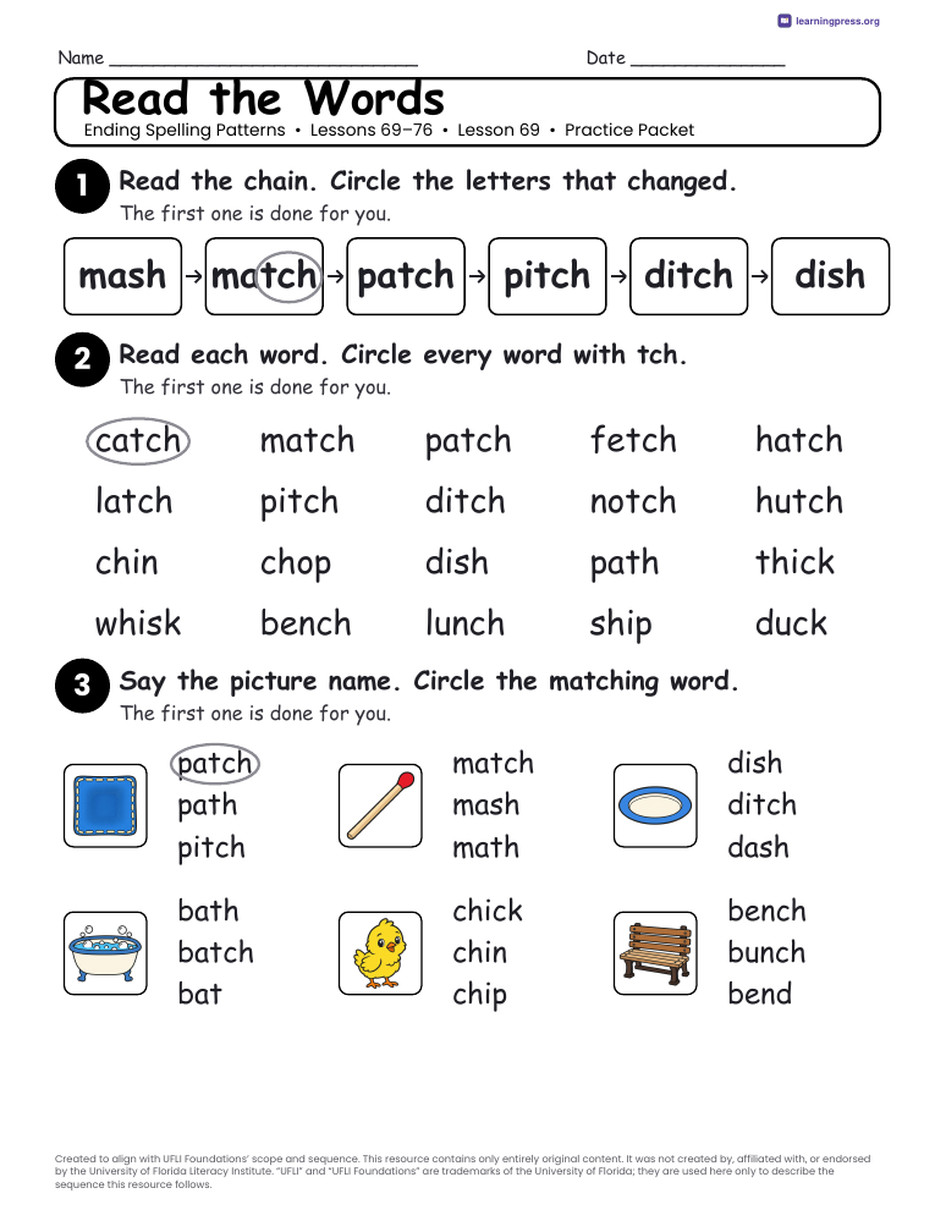 Preview page 2 of UFLI Aligned Worksheets · Lessons 69 – 76 · Ending Patterns Unit Bundle