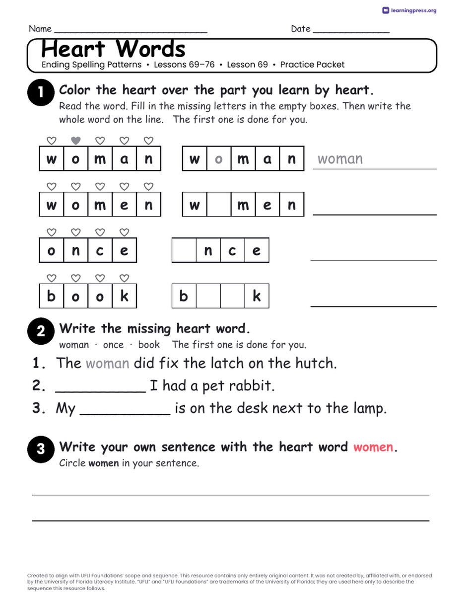 Preview page 3 of UFLI Aligned Worksheets · Lessons 69 – 76 · Ending Patterns Unit Bundle