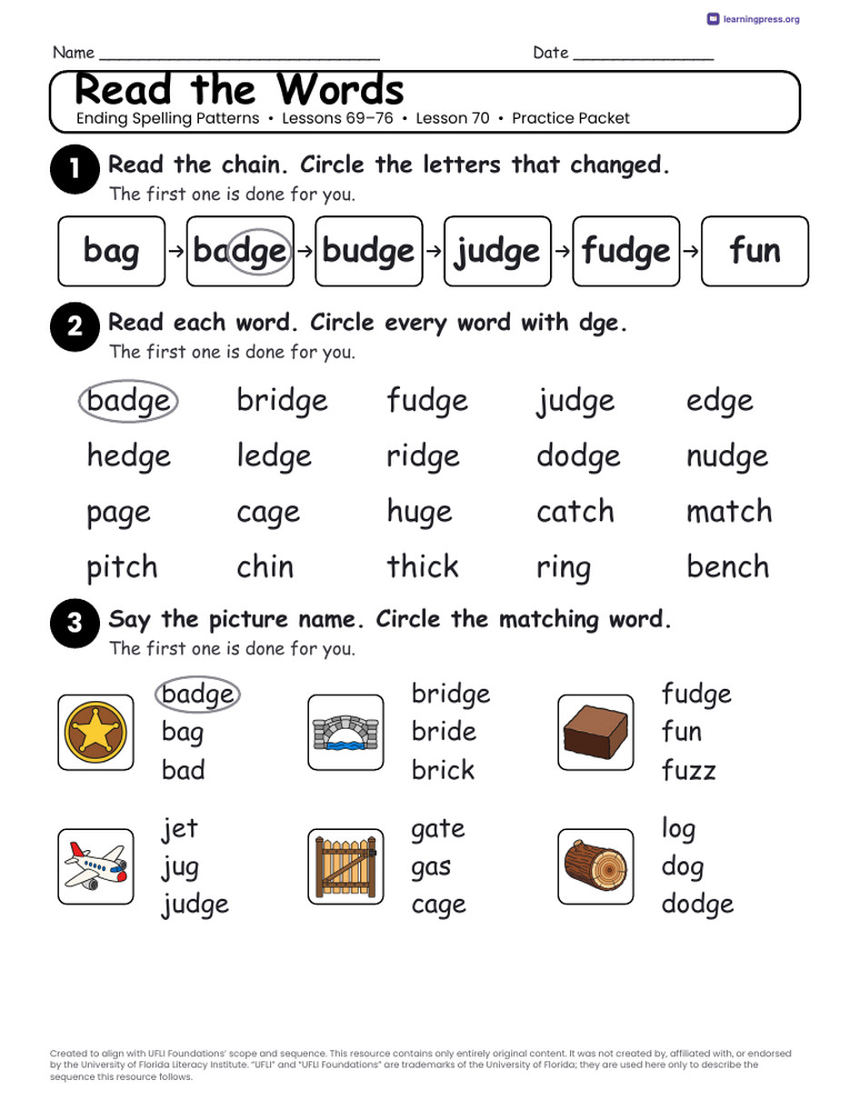 Preview page 4 of UFLI Aligned Worksheets · Lessons 69 – 76 · Ending Patterns Unit Bundle