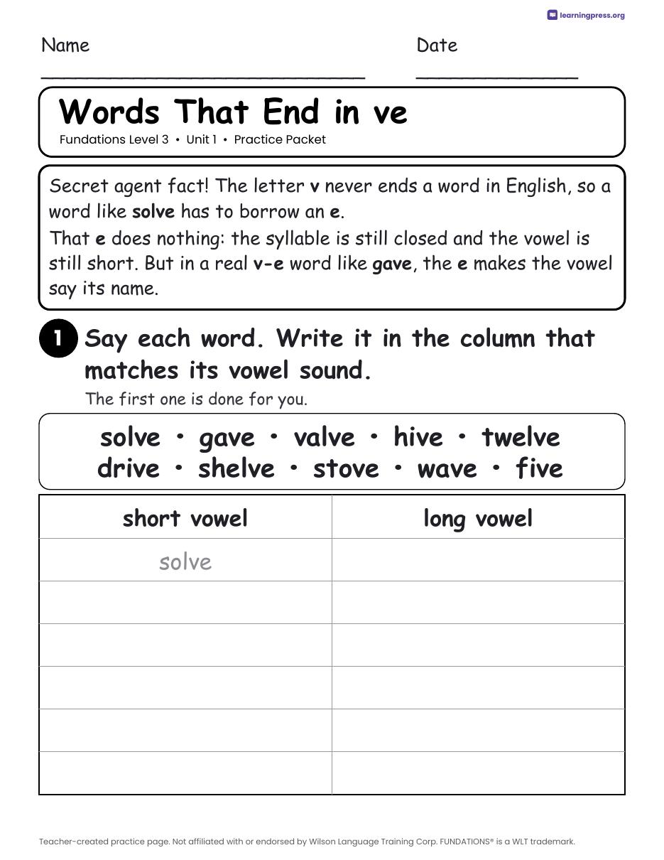 Preview page 3 of Free Fundations Level 3 Unit 1 Worksheets Sample