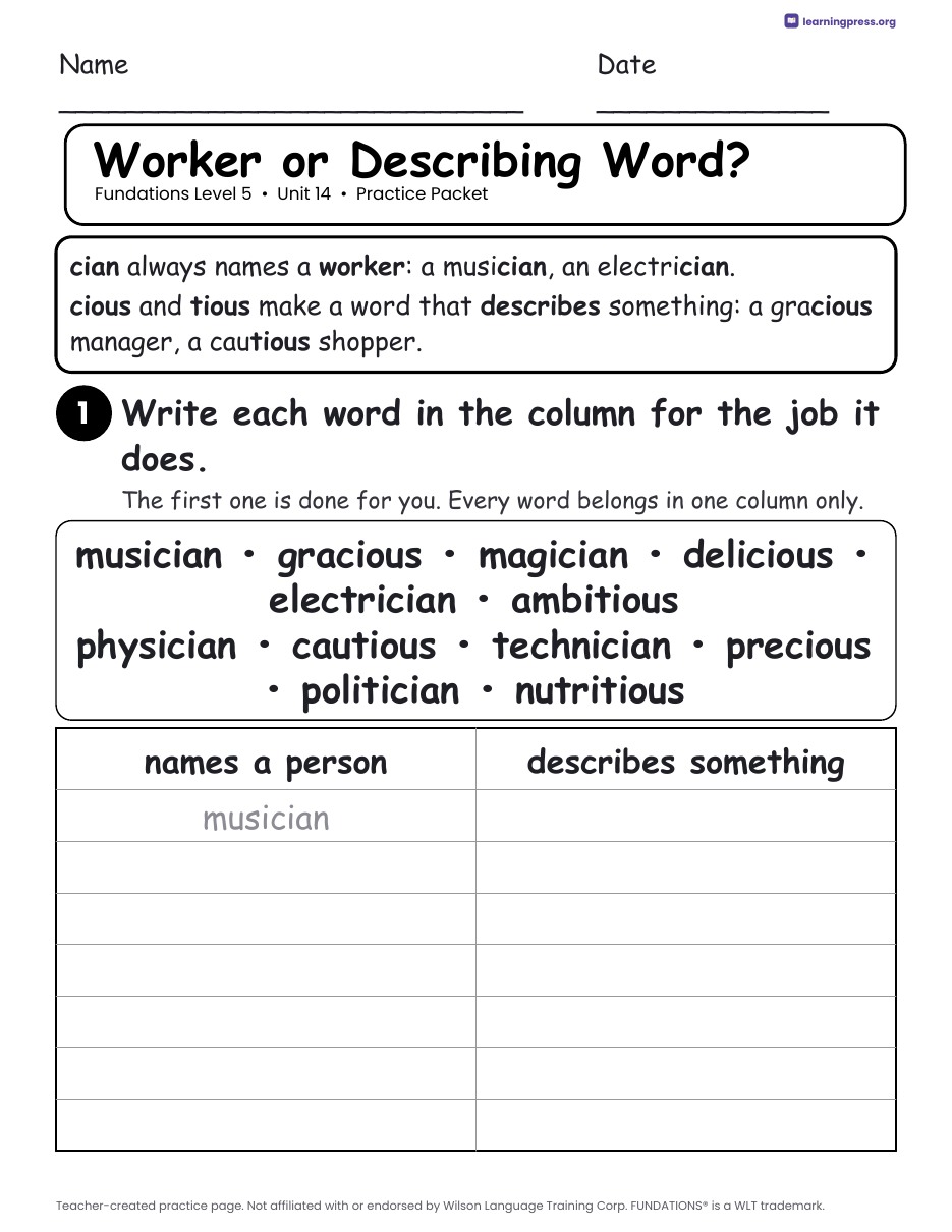Preview page 2 of Fundations Level 5 Unit 14 Worksheets