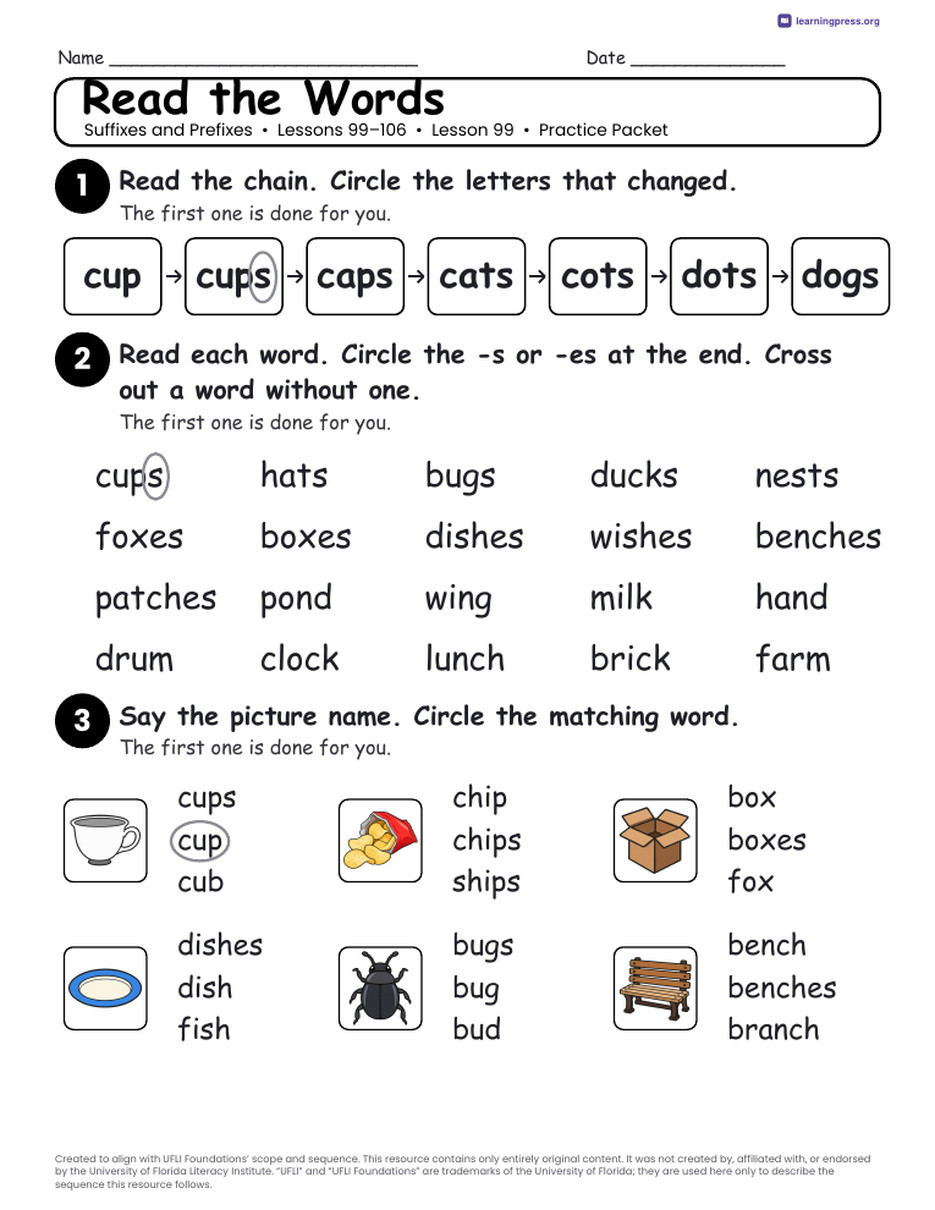 Preview page 2 of UFLI Aligned Worksheets · Lessons 99 – 106 · Suffixes & Prefixes Unit Bundle