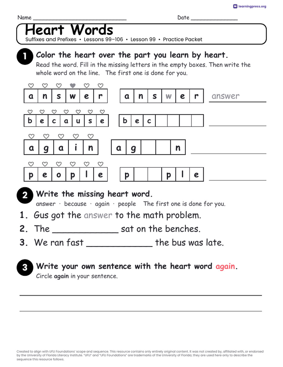 Preview page 3 of UFLI Aligned Worksheets · Lessons 99 – 106 · Suffixes & Prefixes Unit Bundle