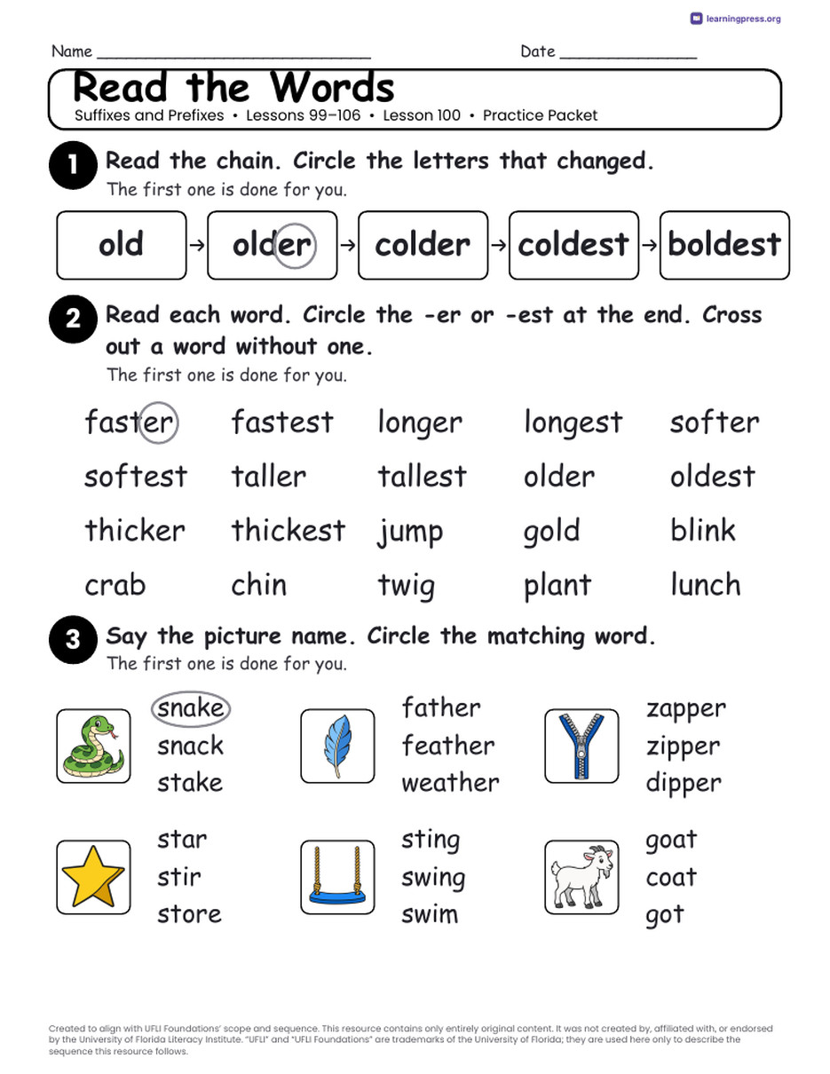 Preview page 4 of UFLI Aligned Worksheets · Lessons 99 – 106 · Suffixes & Prefixes Unit Bundle
