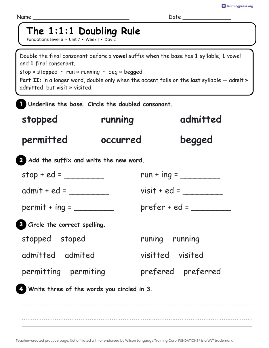 Preview page 1 of Fundations Level 5 Unit 7 Daily Lesson Work Pages