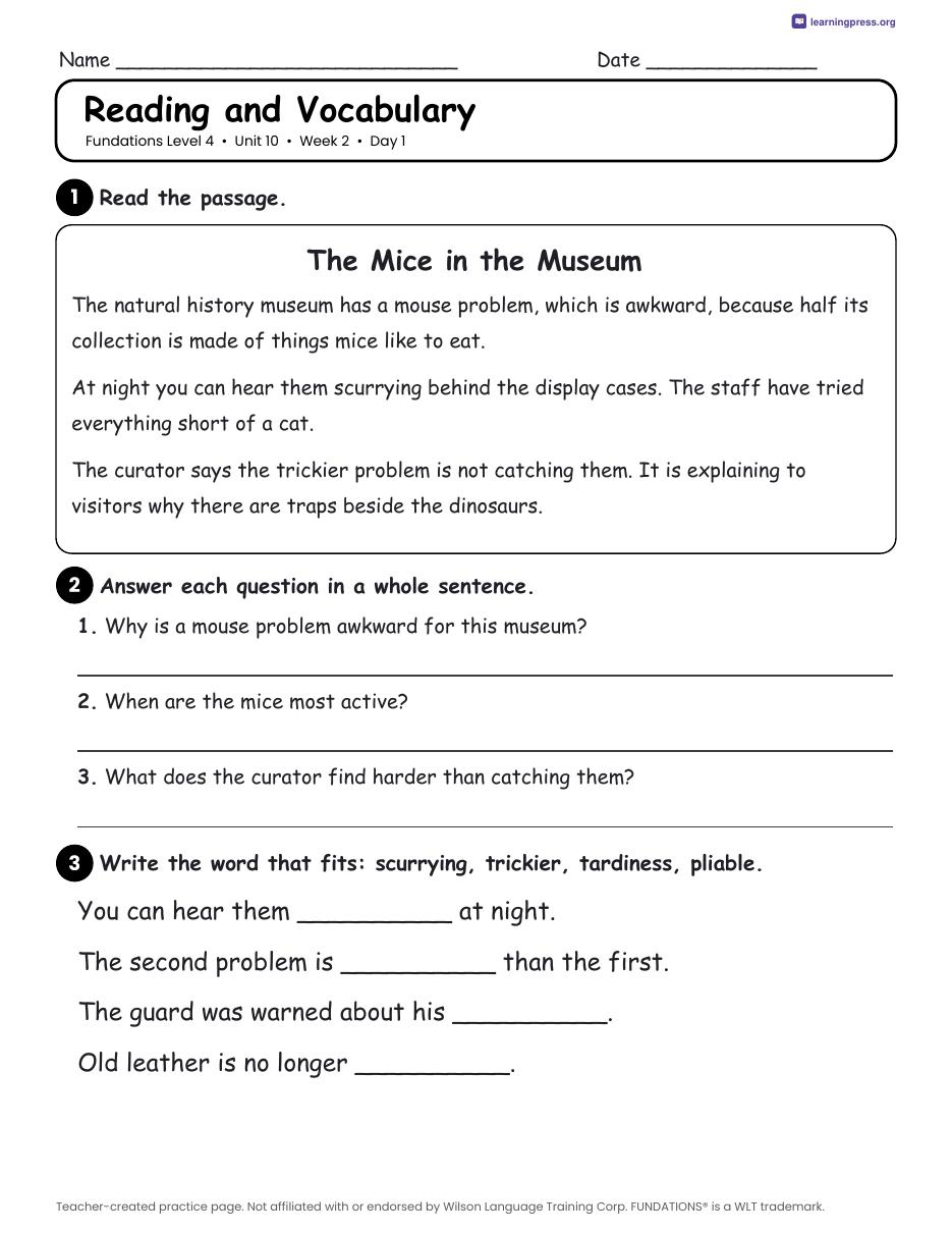 Preview page 3 of Fundations Level 4 Unit 10 Daily Lesson Work Pages