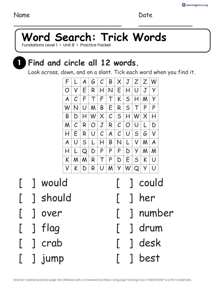 Preview page 3 of Fundations Level 1 Unit 8 Worksheets