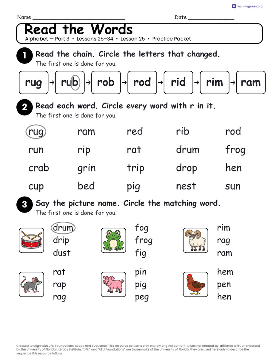 Preview page 2 of UFLI Aligned Kindergarten Worksheets · Lessons 25 – 34 · Alphabet Part 3 Bundle