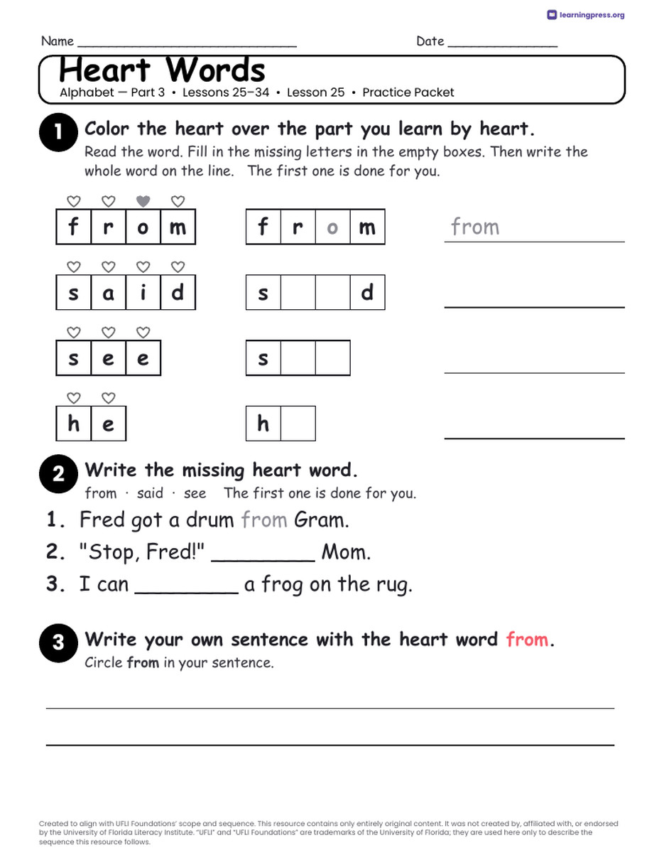 Preview page 3 of UFLI Aligned Kindergarten Worksheets · Lessons 25 – 34 · Alphabet Part 3 Bundle