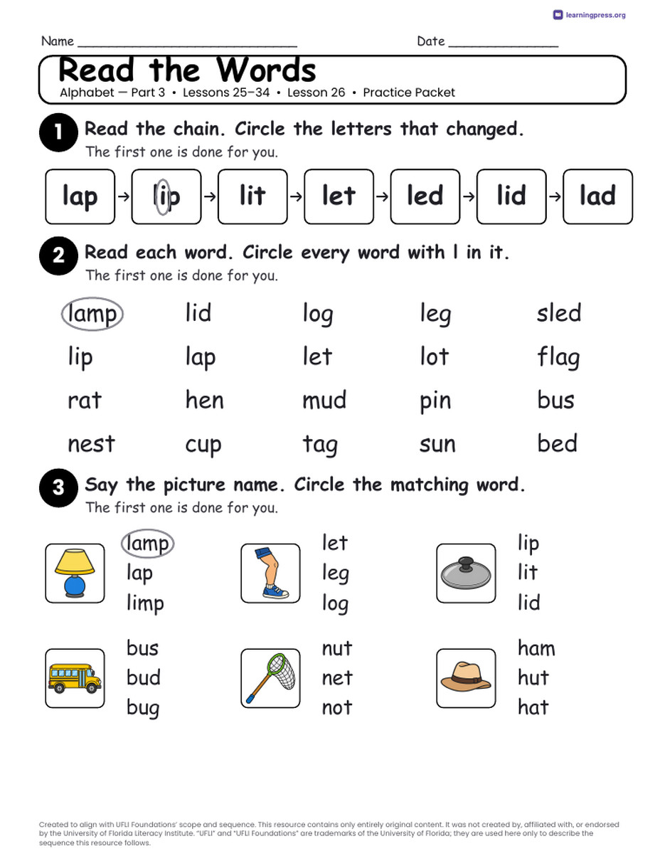 Preview page 4 of UFLI Aligned Kindergarten Worksheets · Lessons 25 – 34 · Alphabet Part 3 Bundle