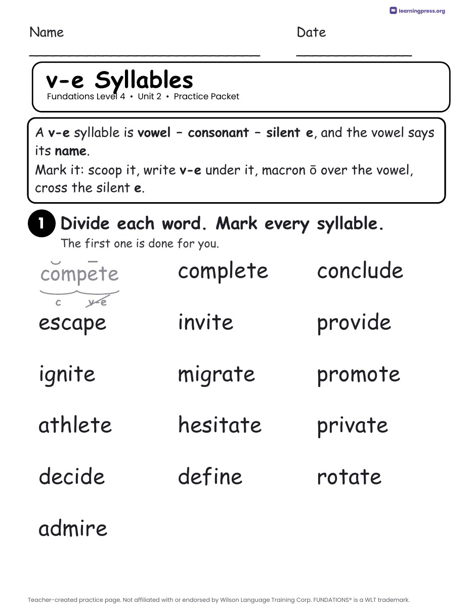 Preview page 1 of Fundations Level 4 Unit 2 Worksheets