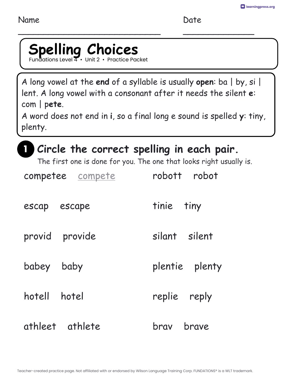 Preview page 2 of Fundations Level 4 Unit 2 Worksheets