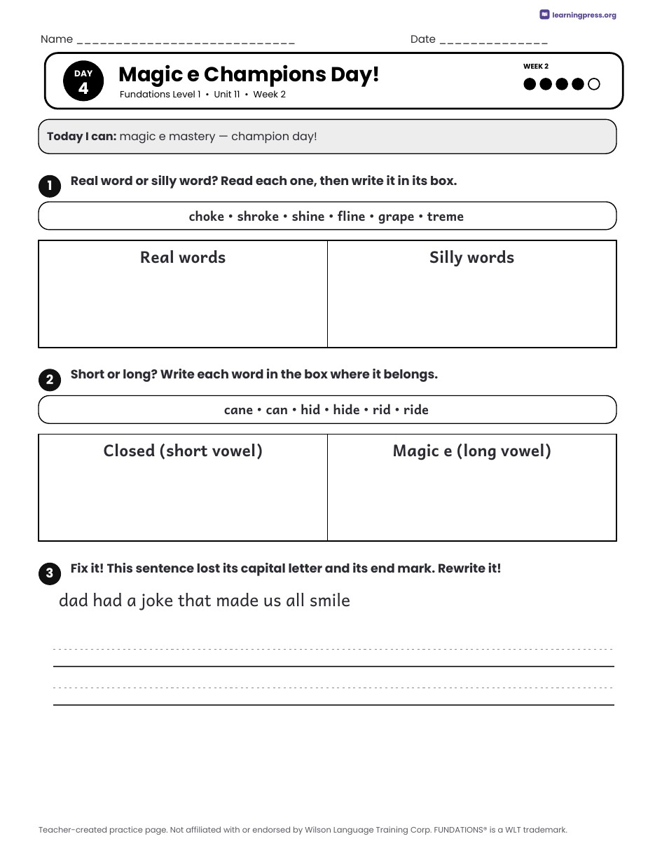 Preview page 3 of Fundations Level 1 Unit 11 Daily Lesson Work Pages